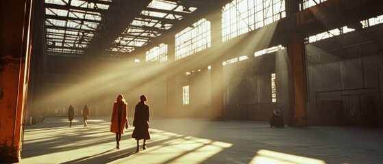 A spacious warehouse filled with shafts of sunlight, casting dramatic shadows as figures walk toward the light.