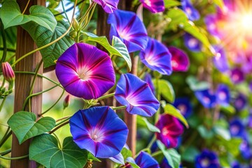Purple and blue morning glory flowers on vine flower wallpaper concept