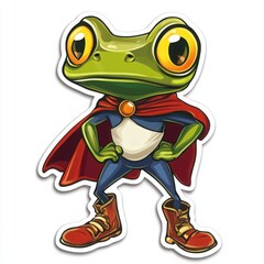 Super Frog: A cartoon illustration of a brave, confident frog in a superhero cape and boots, ready for action.  His large eyes and proud stance convey a sense of adventure and fun. 