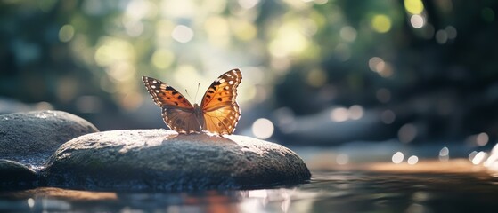 Obraz premium Sunlit butterfly on river stone catches brilliant bokeh reflections, creating an enchanting, serene nature scene.