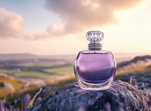 A beautiful bottle of perfume on a rock with a beautiful landscape background, featuring a purple color and crystal cap.  - Powered by Adobe