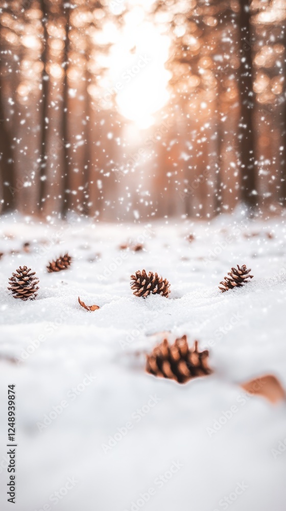 Poster Snow gently falling on scattered pine cones in a tranquil winter forest, with the warm glow of the setting sun filtering through the trees, creates a serene scene