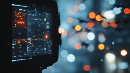 Obraz premium Futuristic digital interface screen displaying complex data analysis, with blurred city lights in the background, illustrating advanced technology and urban innovation in a modern setting