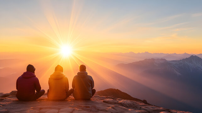 Three friends sitting on a mountain peak, watching a breathtaking golden sunrise over distant misty peaks. Ideal for travel blogs, adventure photography, and inspirational themes. Selective focus