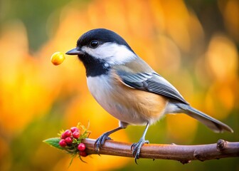 Obraz premium Adorable Black-capped Chickadee with Food on its Beak - Candid Wildlife Photo