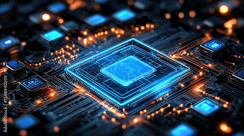 Poster illuminated blue circuit board with glowing processor and complex connections