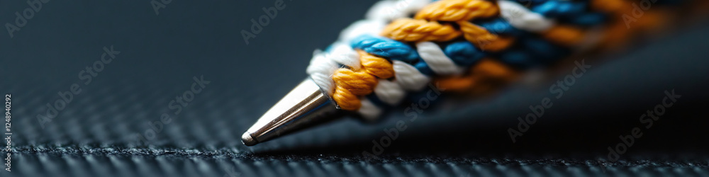 Poster close-up of multicolored string-wrapped pen tip on dark surface