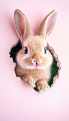 Obraz premium Adorable Fluffy Bunny Peeking Through Pastel Pink Wall, Perfect for Easter Greeting Cards