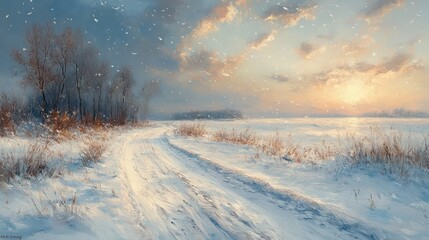 Obraz premium serene winter landscape soft snowfall afternoon light impressionist painting snow dunes trees