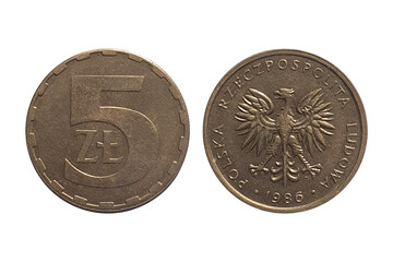 Coin 5 Zlotys 1986. Coin of Poland. Coin 5 zlotys 1986 Obverse and Reverse on white background