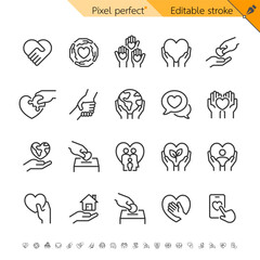 Charity thin icons. Pixel perfect. Editable stroke.