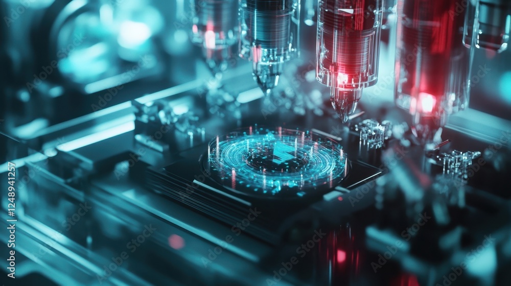 Poster close up of a high tech circuit board in a futuristic lab setting, showcasing intricate electronic c