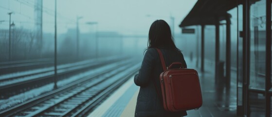 A lone traveler waits at a misty train station, holding a red suitcase, embodying solitude and anticipation against a serene backdrop.