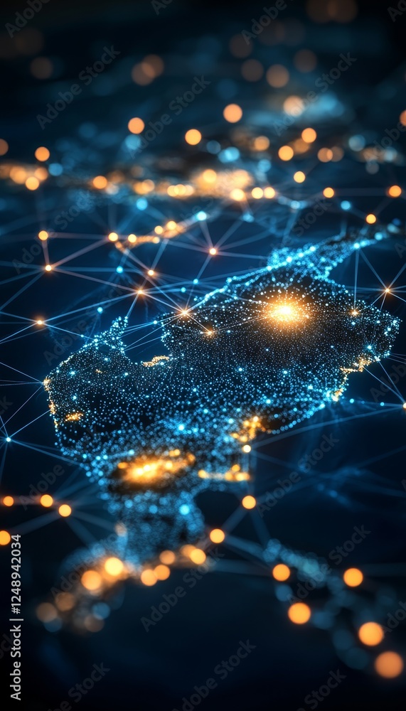 Poster abstract digital network map of the americas with glowing nodes and connections on dark blue