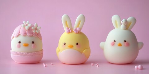 Three colorful plastic Easter eggs adorned with bunny ears and bows, perfect for festive decorations and holiday celebrations.
