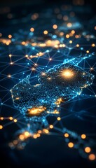 Abstract Digital Network Map Of The Americas With Glowing Nodes And Connections On Dark Blue
