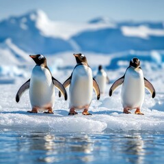 Fototapeta premium Gentoo penguins waddling across icy terrain in the Antarctic