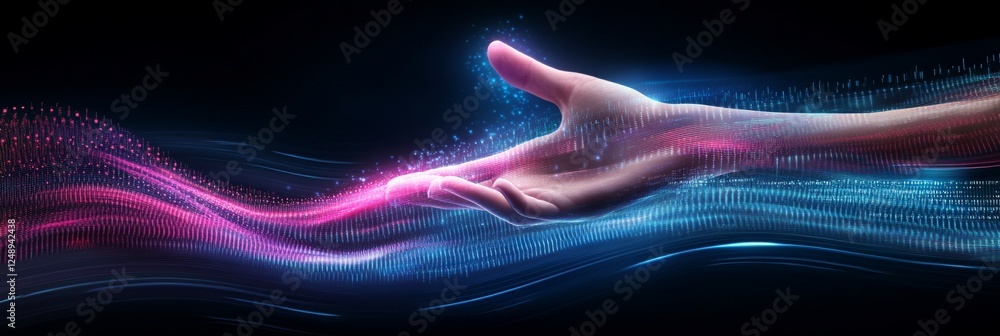 Aufkleber glowing wave of data flowing through hand symbol of digital innovation and technology.