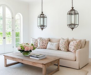 Provencal living room with a soft beige sofa, floral patterned cushions, distressed wooden furniture, and unique hanging lanterns with intricate ironwork