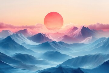 surreal mountain landscape with floating geometric shapes gradient sky in soft pastels minimalist composition with abstract cloud forms