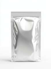Silver foil pouch mockup, studio shot, white background, packaging design