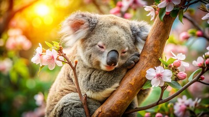 Fototapeta premium Adorable Koala Hugging Blossoming Tree Branch - Drone Aerial View