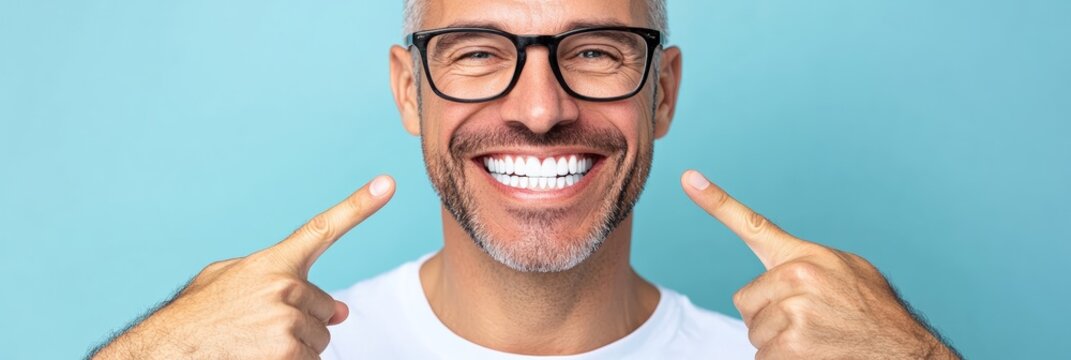 Handsome middle aged man with eyeglasses is pointing at his perfect smile, showing white teeth after dental treatment or whitening procedure, posing against turquoise background - Powered by Adobe