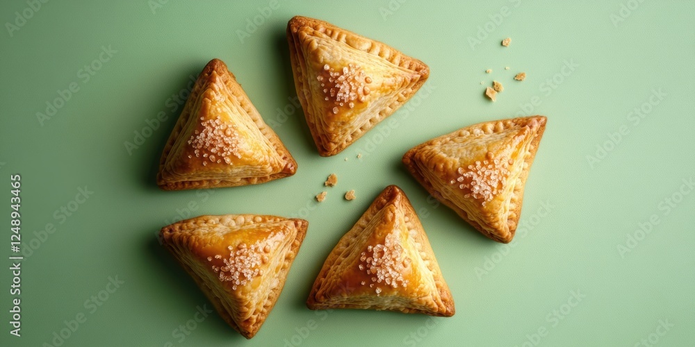 Poster a group of triangular pastries with sesame seeds on top. the pastries are arranged in a circle on a 