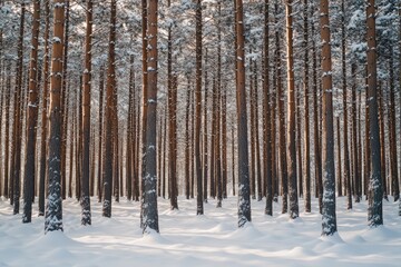 Fototapeta premium Snowy forest scene with trees and ground covered by white snow. Natural winter beauty.