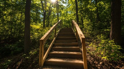 Obraz premium Sunlit Ascent, Wooden Steps Leading Up Through Lush Green Forest