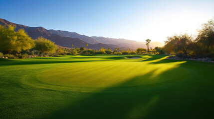 stunning view of sprawling golf course surrounded by mountains, showcasing lush green grass and vibrant landscaping under bright sky