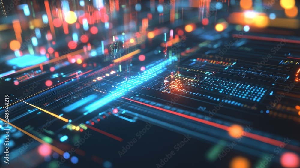 Poster abstract representation of a digital interface featuring vibrant, glowing data streams and geometric