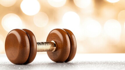 A close-up of a wooden dumbbell resting on a reflective surface, capturing the essence of fitness and well-being.