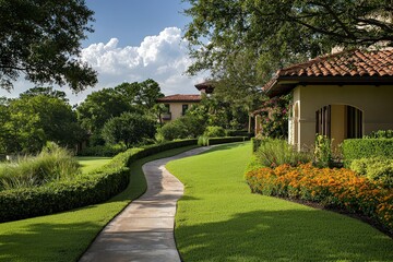 Fototapeta premium Lush Garden Pathway Winding Through Beautiful Landscape on a Sunny Day with Blue Skies and White Clouds