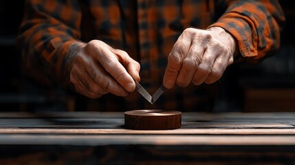 Skilled craftsman meticulously carving a wooden piece in a cozy workshop filled with tools