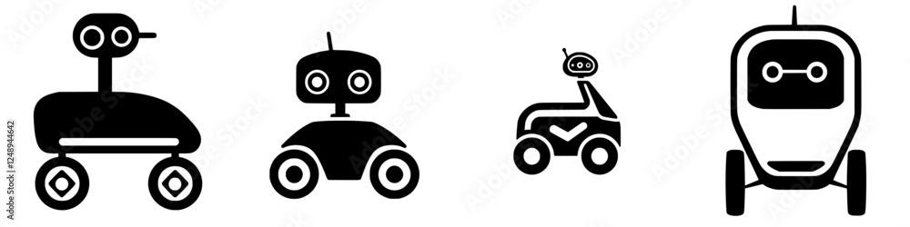 Poster different types of robots representing various designs and functionalities in a minimalist style