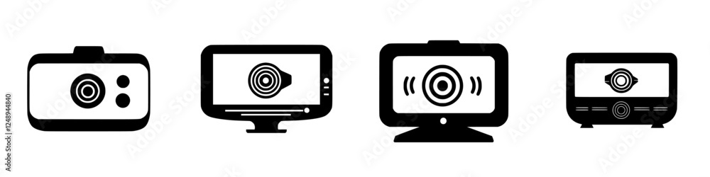 Poster different types of media devices featuring circular designs in a minimalist black and white style