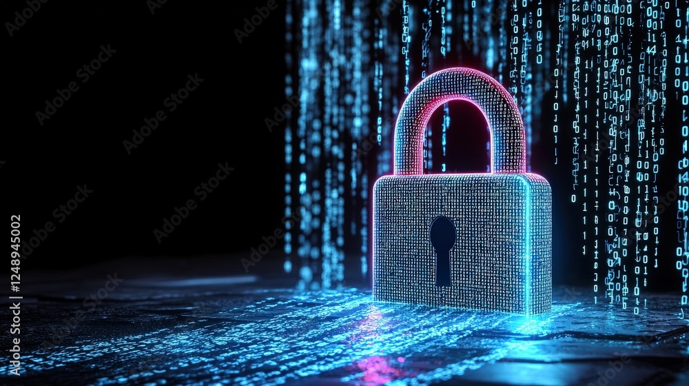 Poster glowing digital lock surrounded by binary code in blue and pink