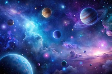 Cosmic night sky with stars and planets in shades of purple and blue, galaxy, starry night, dark blues, celestial, constellations