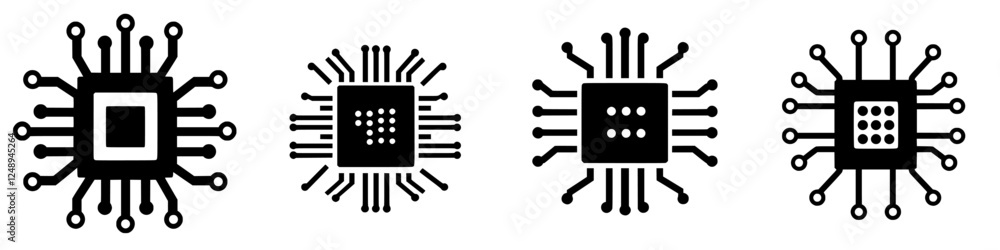Poster microchip designs illustrating technology advancement in circuit patterns and layouts from different