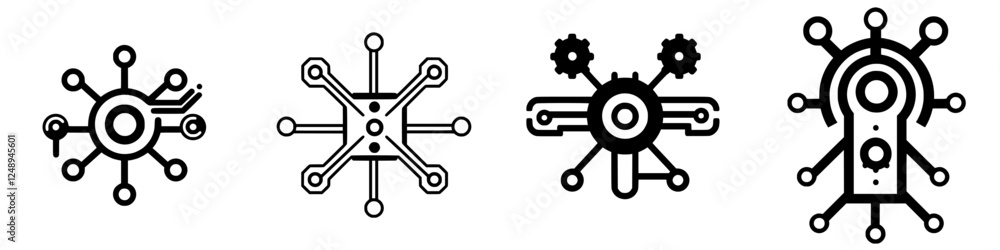 Poster set of four abstract technology icons depicting interconnected circuits and gears in a modern design