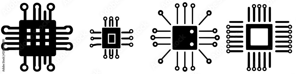 Poster various designs of circuit board components with intricate patterns and connections displayed in bla