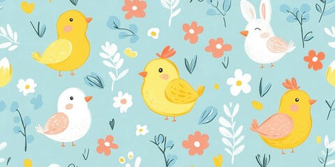 A vibrant composition featuring various birds and flowers set against a serene blue backdrop, showcasing the beauty of nature in harmony.