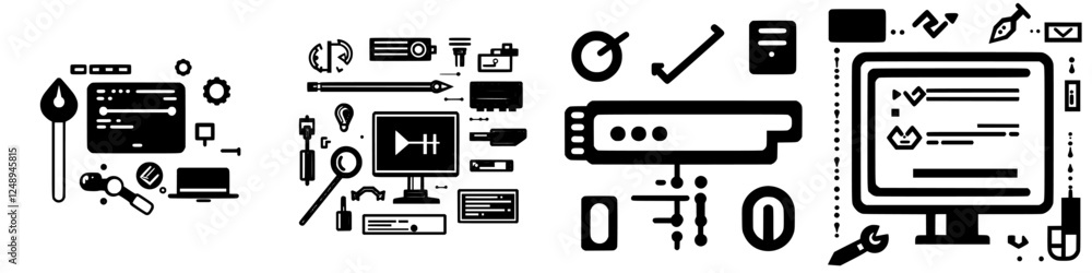 Poster black and white vector illustrations of technology and digital tools in a modern workspace setting