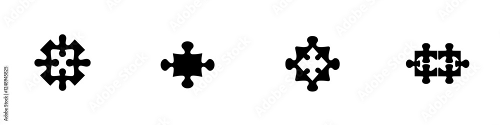 Poster four distinct black puzzle piece icons showcasing various interlocking designs on a simple backgroun
