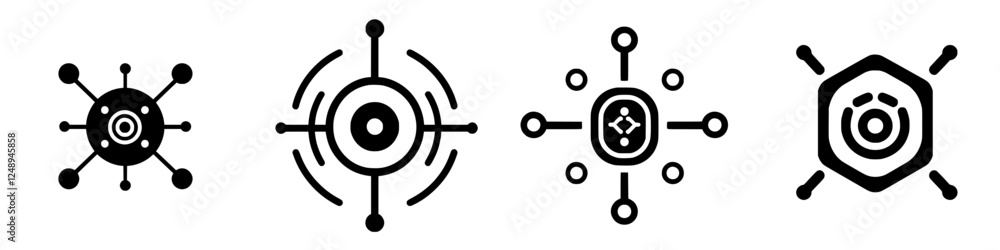 Poster unique geometric designs featuring abstract symbols with circular patterns in contrasting black and 