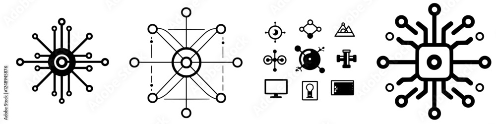 Poster abstract black and white designs illustrating technology and networking concepts with geometric shap