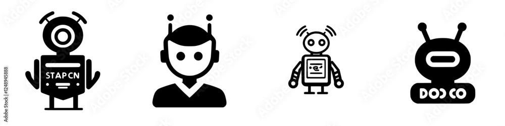 Poster illustrative collection of various robot designs showcasing diversity in robotics and technology con