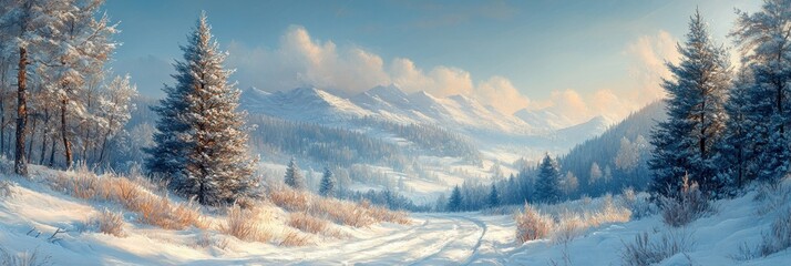 Winter Landscape Snow Covered Hills Evergreen Trees Soft Sky Snowflakes Tranquil Nature