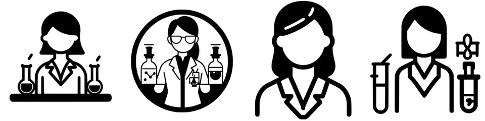 Icons of women in scientific roles displaying laboratory activities and experiments with lab equipment